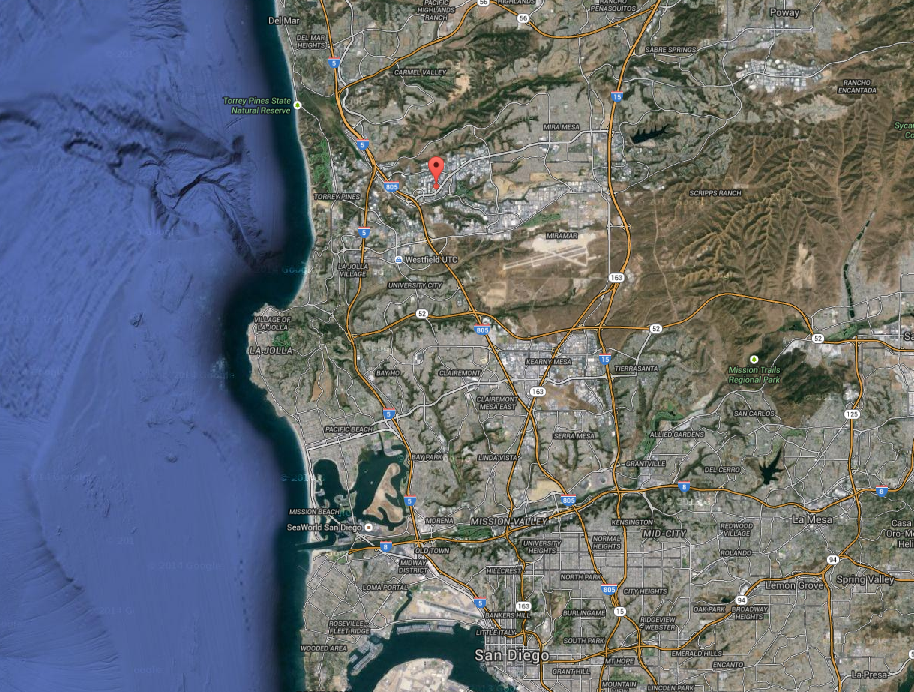 サンディエゴ北部にあるクアルコム本社（赤印）。サンディエゴの南にメキシコとの国境がある（グーグル・マップより）